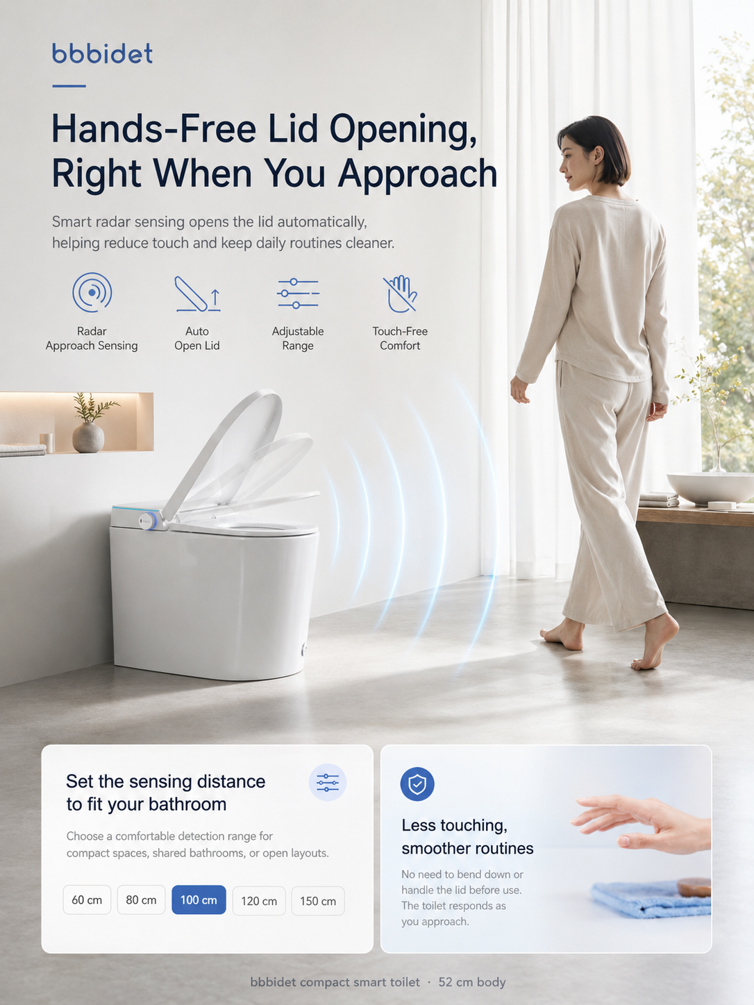bbbidet 52cm compact smart bidet toilet for small bathrooms featuring radar sensor hands-free auto open lid with adjustable detection range from 60cm to 150cm
