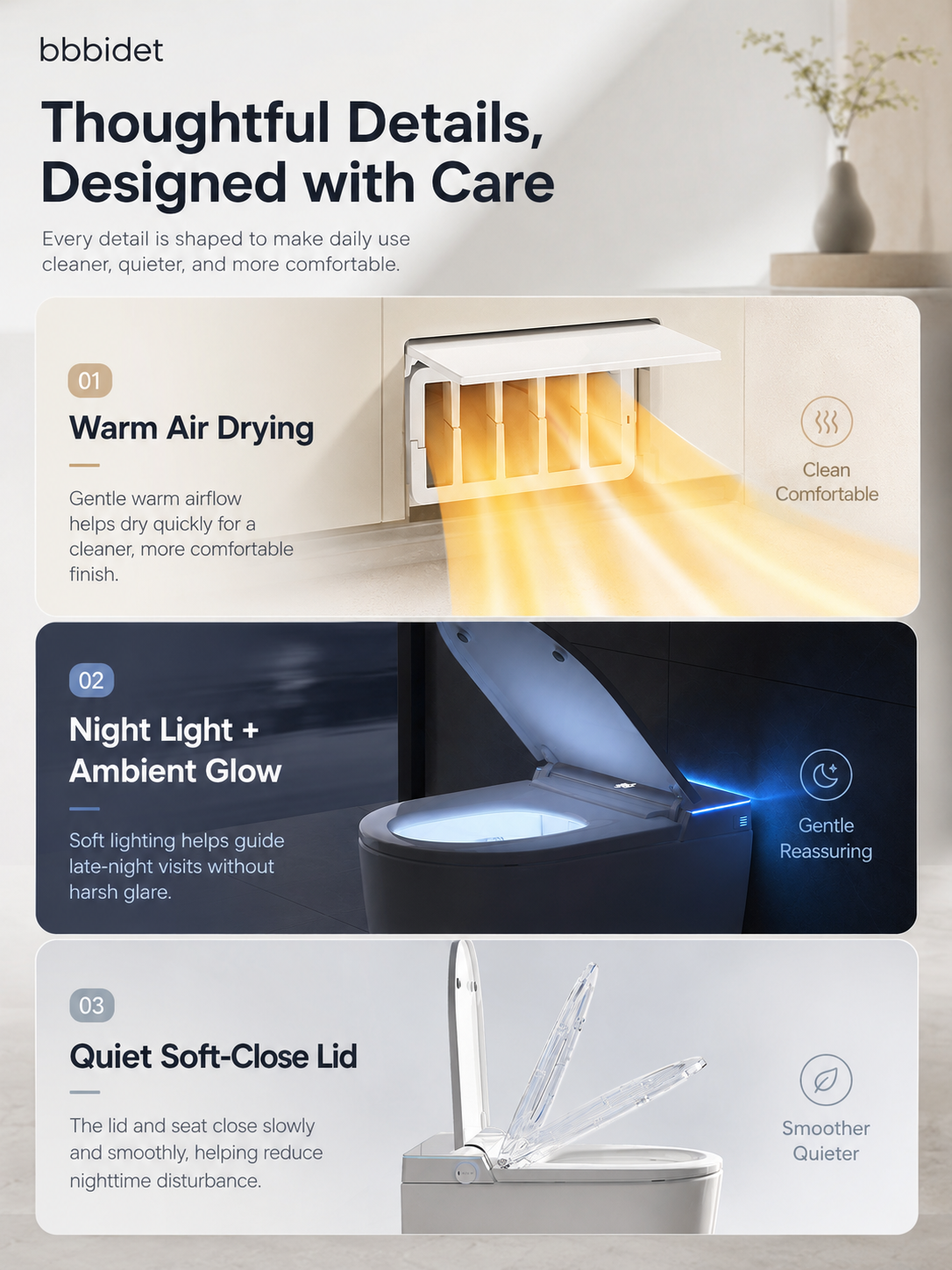 bbbidet 52cm compact smart toilet for small bathrooms featuring warm air drying, soft night light with ambient glow, and quiet soft-close seat and lid