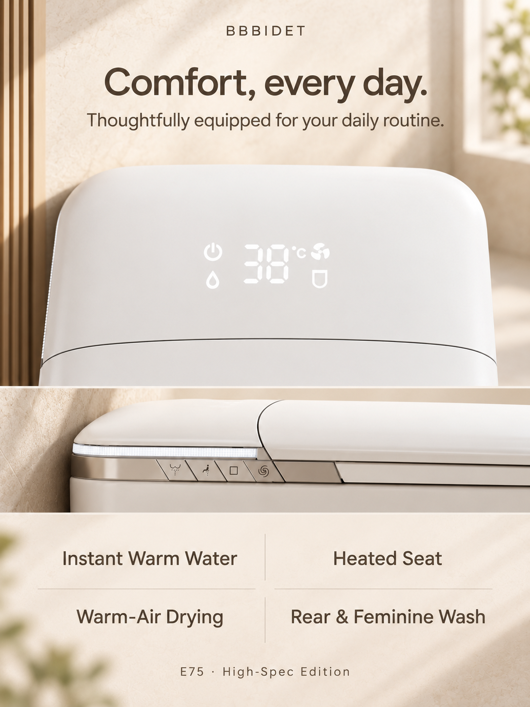 E75 warm-water washing, heated seat and warm-air drying