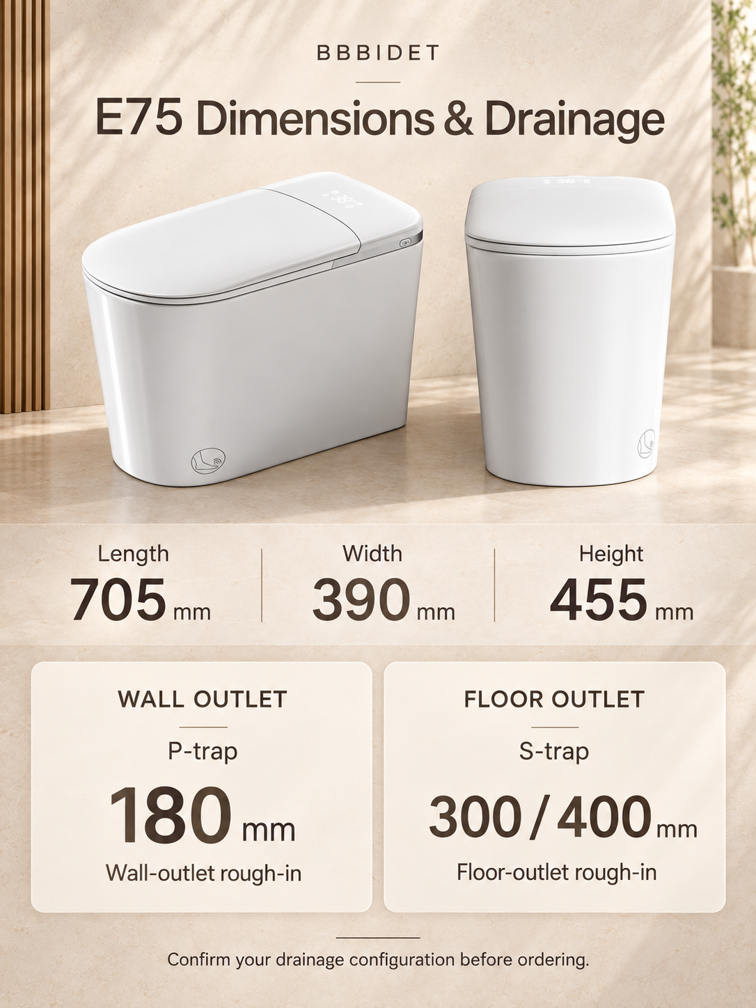 E75 dimensions 705 x 390 x 455 mm; wall outlet 180 mm; floor outlet 300 or 400 mm