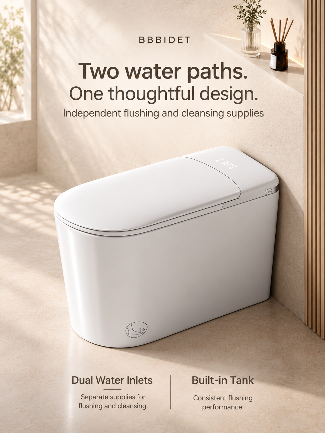 E75 independent flushing and cleansing water supplies and built-in tank