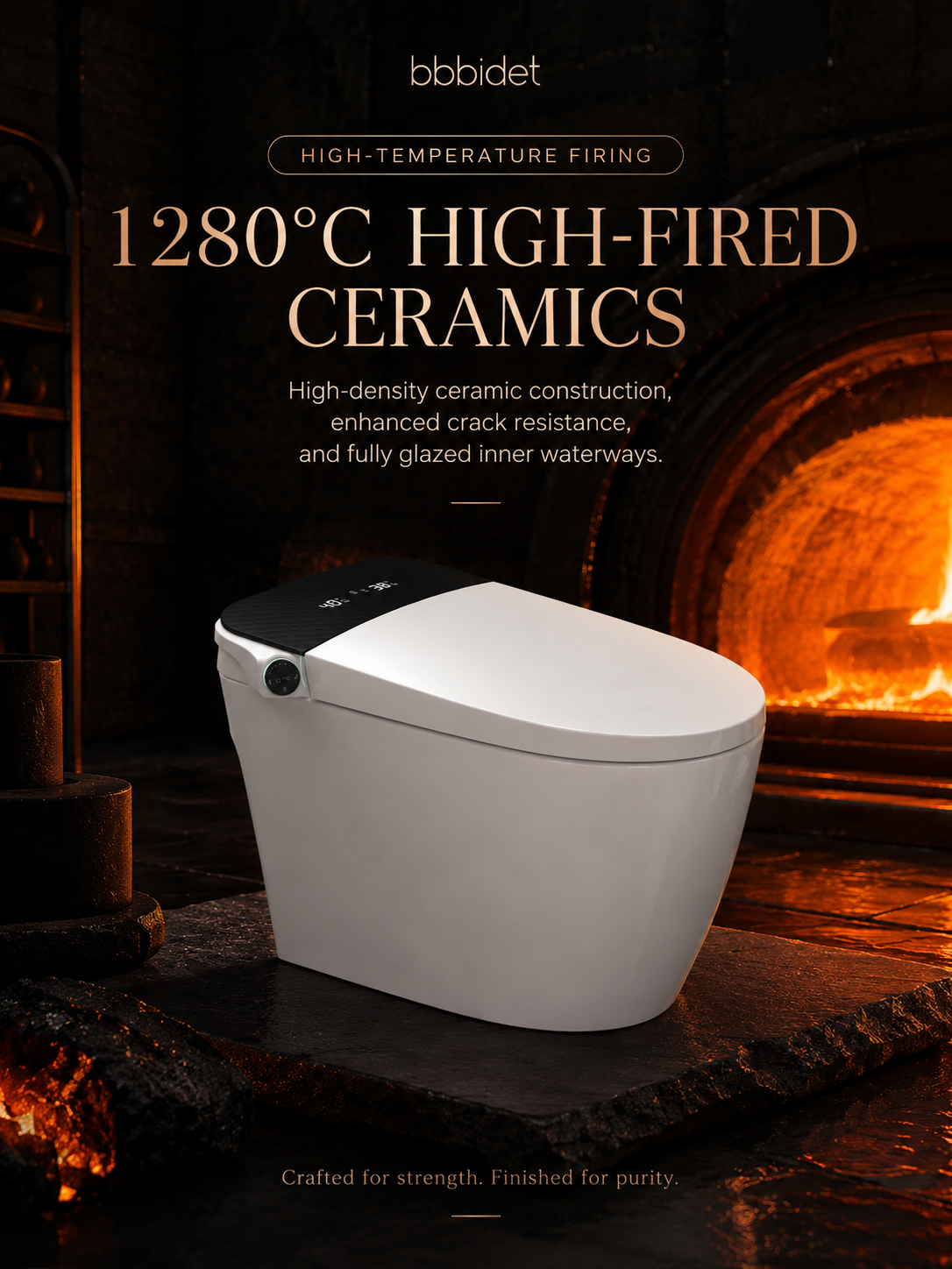bbbidet K2 Pro smart enema bidet toilet with Japanese technology featuring 1280°C high-fired ceramic construction with crack resistance and fully glazed inner waterways.