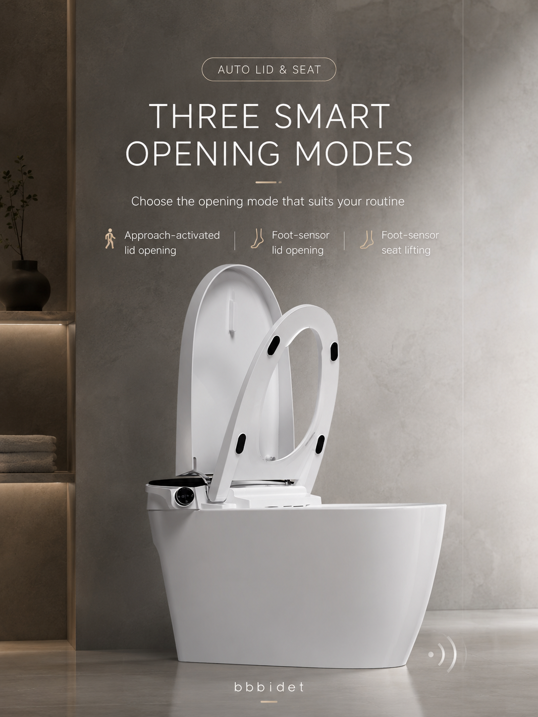 bbbidet K2 Pro smart enema bidet toilet with Japanese technology featuring 3 opening modes: approach-activated auto lid opening, foot-sensor lid opening, and foot-sensor seat lifting.