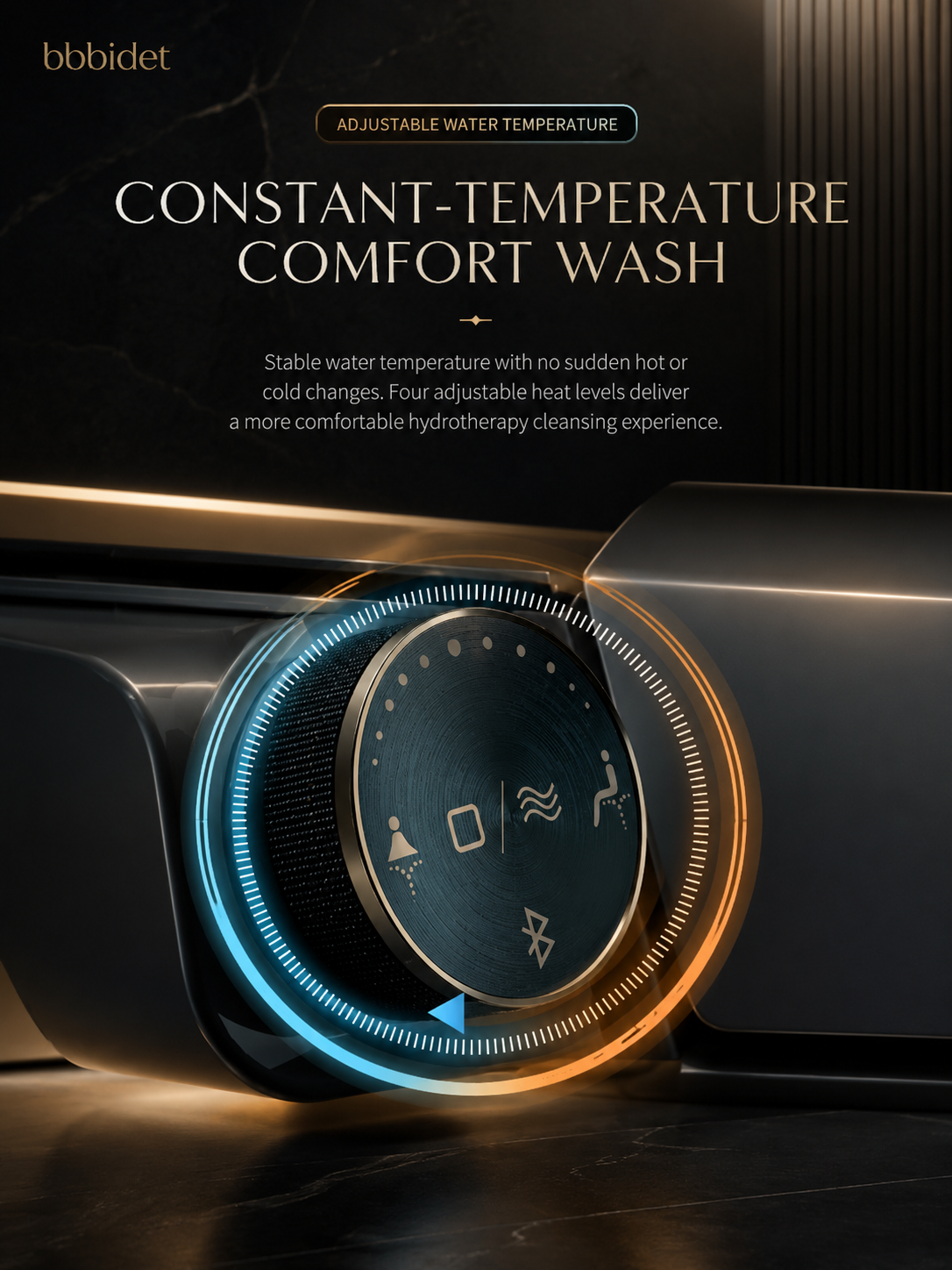 bbbidet K2 Pro smart enema bidet toilet with Japanese technology featuring a control dial for constant-temperature water heating and 4 adjustable heat levels