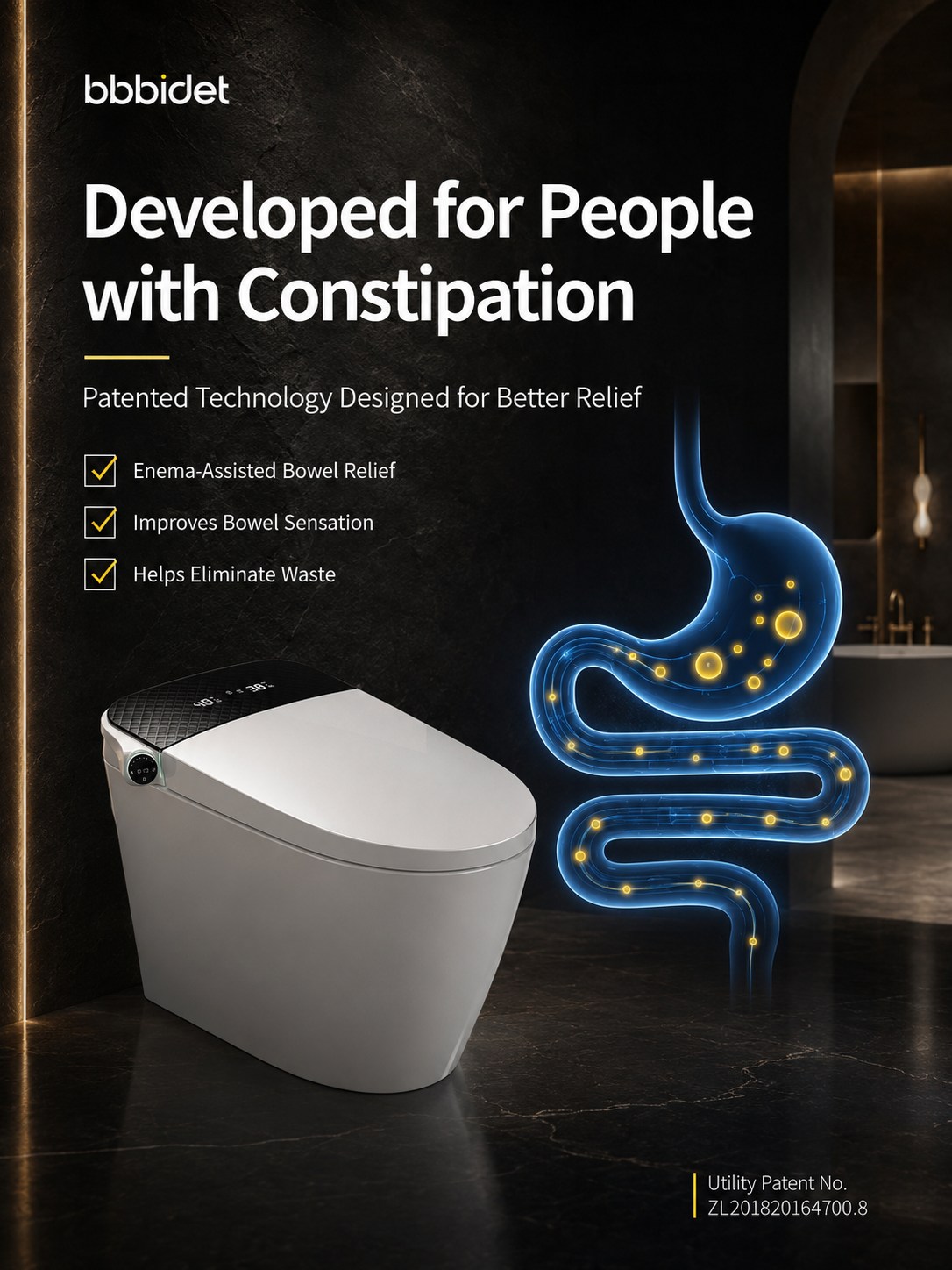 bbbidet K2 Pro smart enema bidet toilet with patented Japanese technology, specifically developed for constipation relief with enema-assisted bowel function.