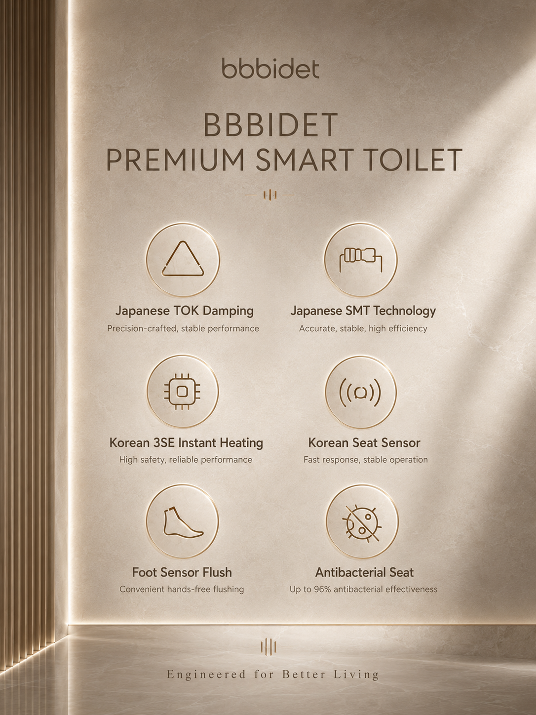 bbbidet K2 Pro smart enema bidet toilet engineered with Japanese technology, featuring Japanese SMT and TOK damping, Korean instant heating, foot sensor flush, and antibacterial seat.