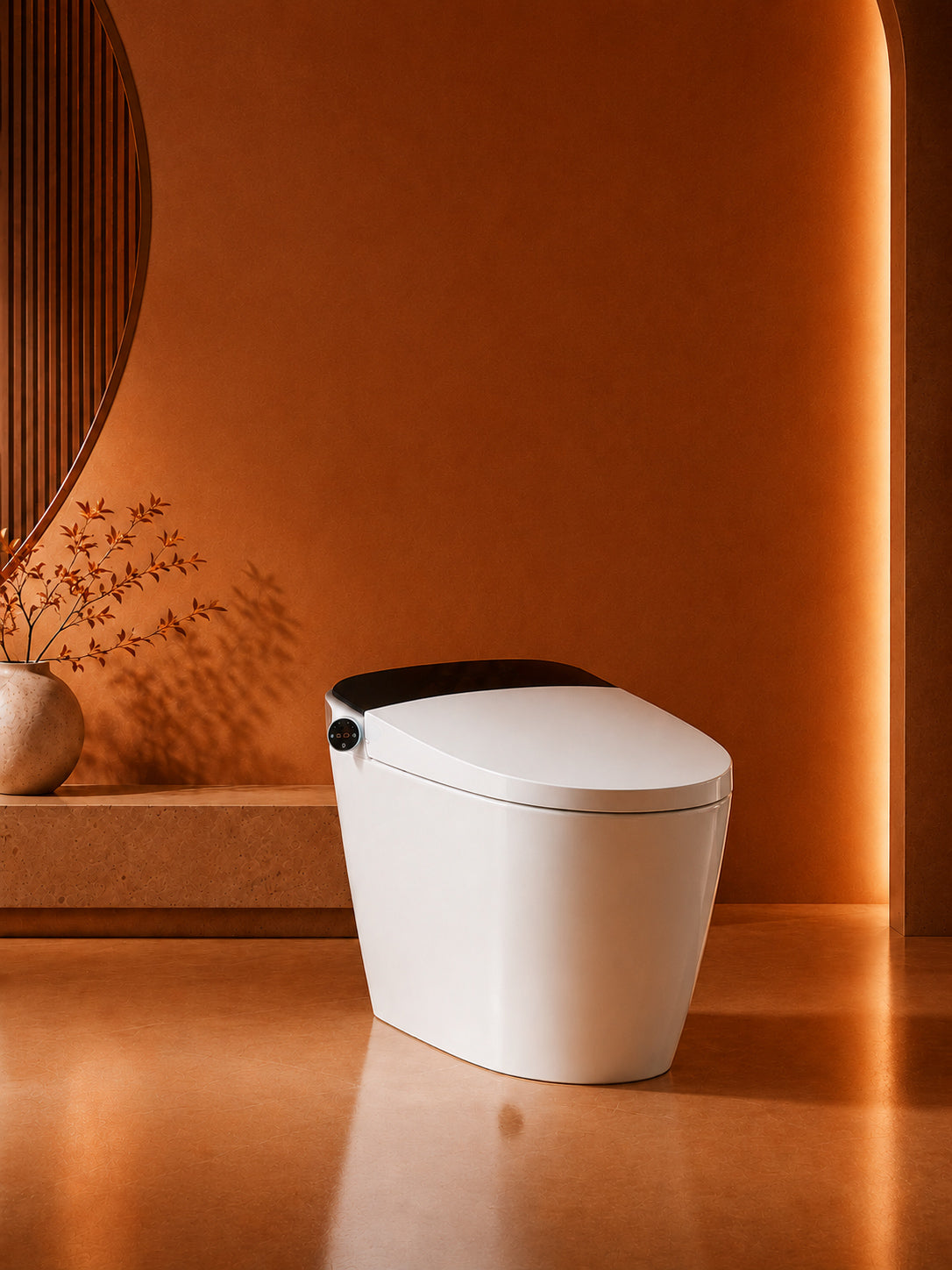 bbbidet K2 Pro smart enema bidet toilet with Japanese technology in a warm-lit luxury bathroom, front view showing sleek design and black LED screen top