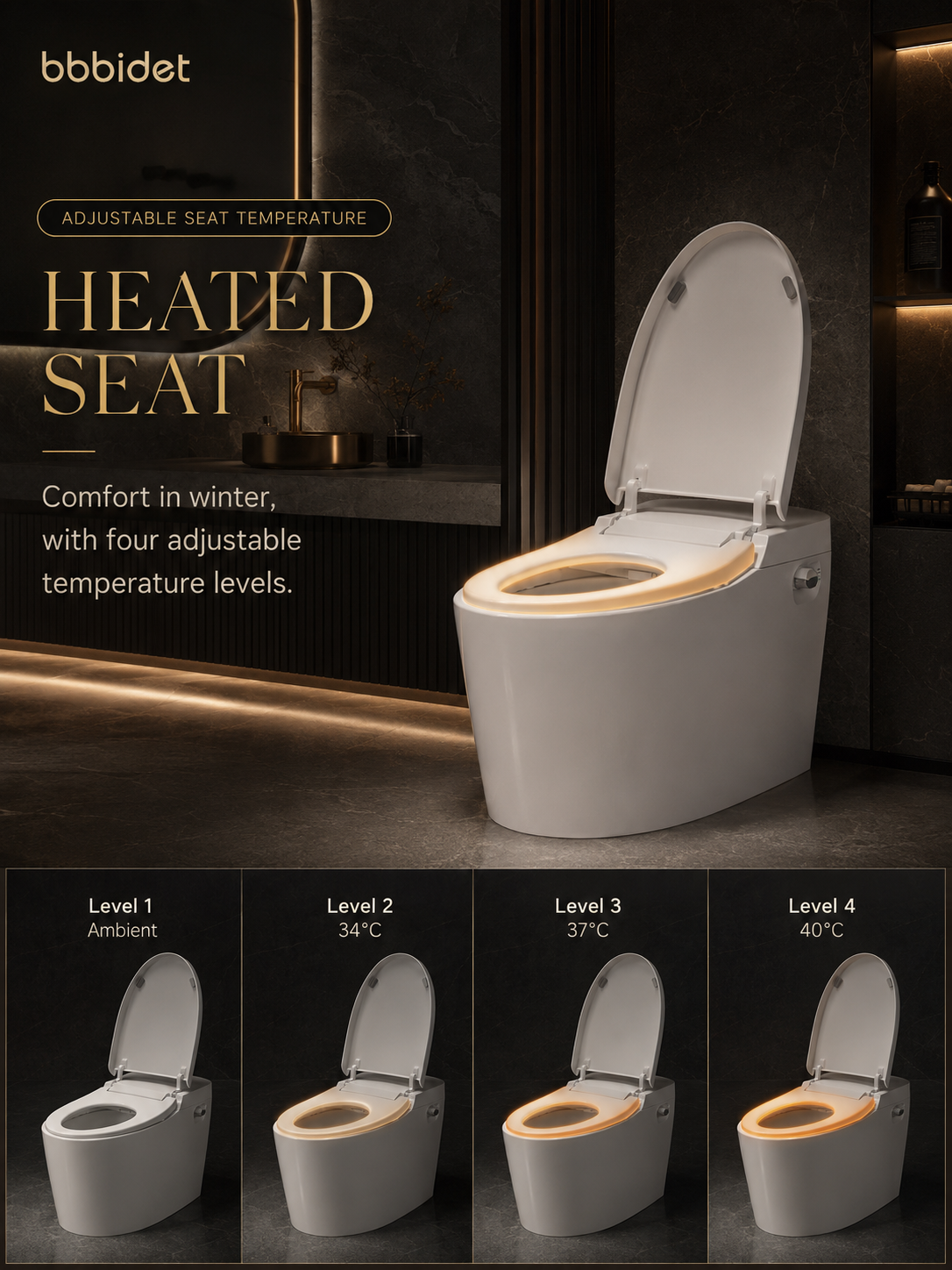bbbidet K2 Pro smart enema bidet toilet with Japanese technology featuring a heated seat with 4 adjustable temperature levels from ambient to 40°C for winter comfort.