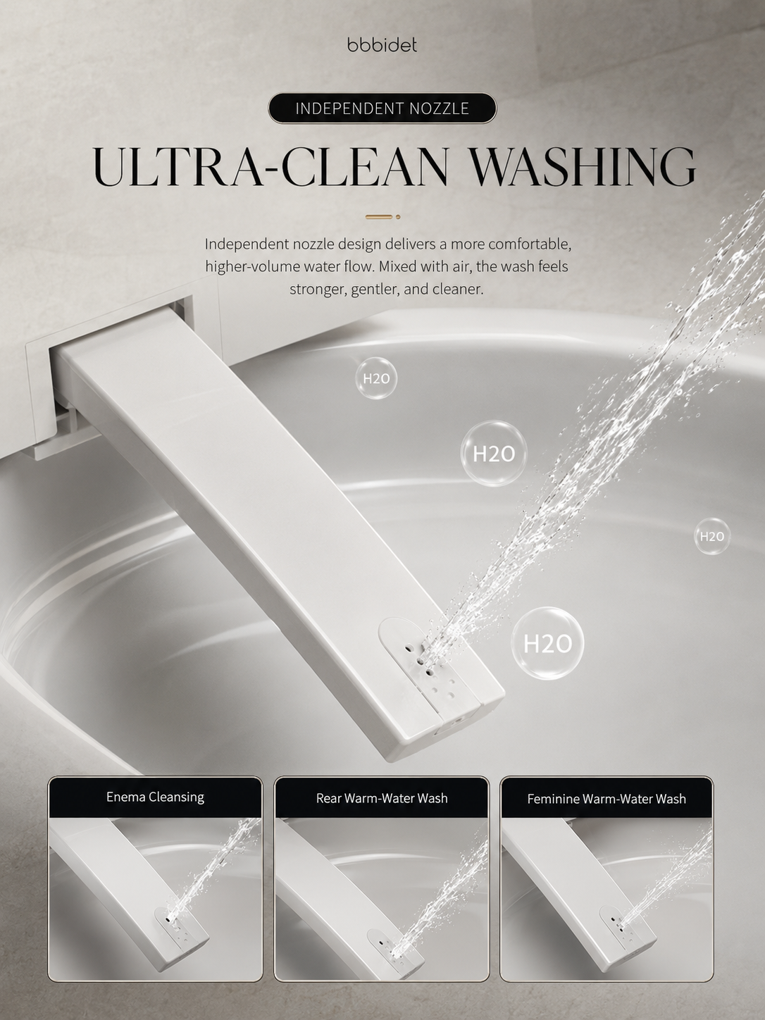 bbbidet K2 Pro smart enema bidet toilet with Japanese technology featuring an independent nozzle with 3 wash modes: enema cleansing, rear warm-water wash, and feminine warm-water wash
