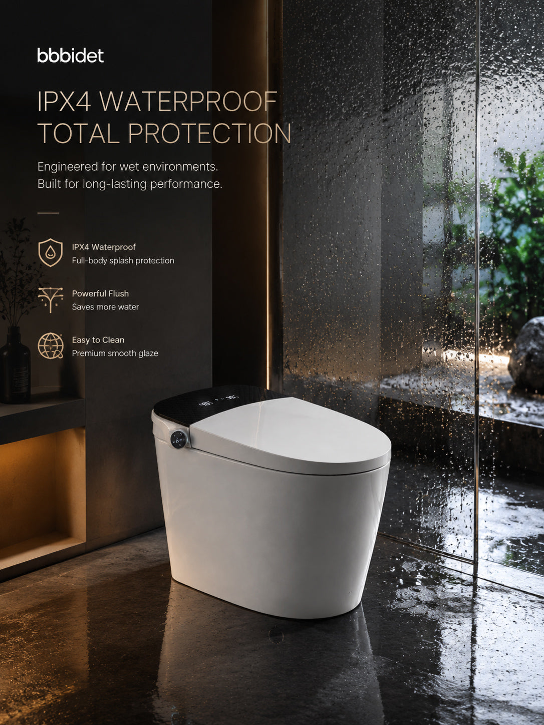 bbbidet K2 Pro smart enema bidet toilet with Japanese technology featuring IPX4 waterproof total protection, powerful flush, and easy-to-clean smooth glaze for wet bathroom environments