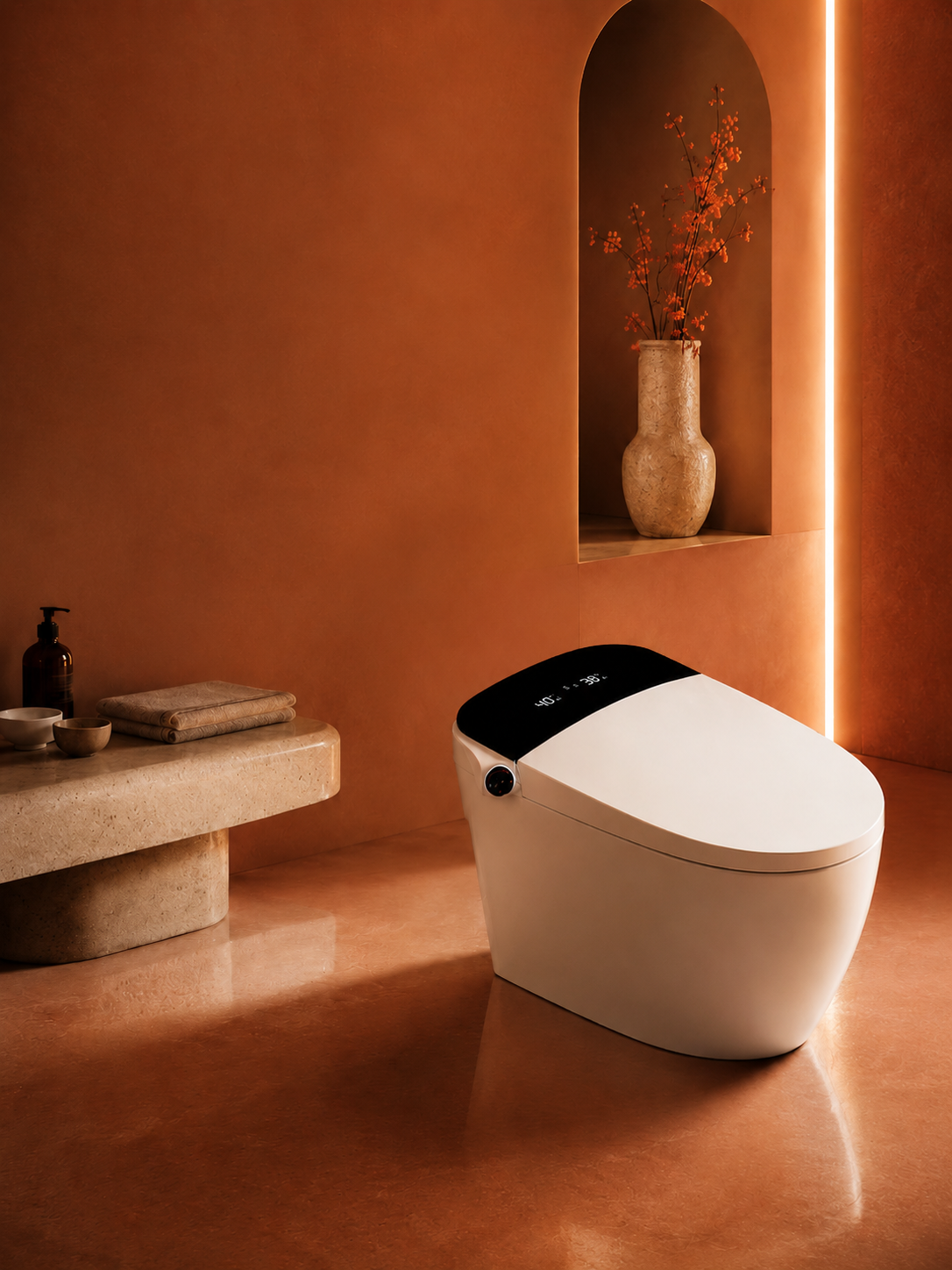 bbbidet K2 Pro smart enema bidet toilet with Japanese technology in a warm luxury bathroom, top angle showing black smart LED temperature digital display screen