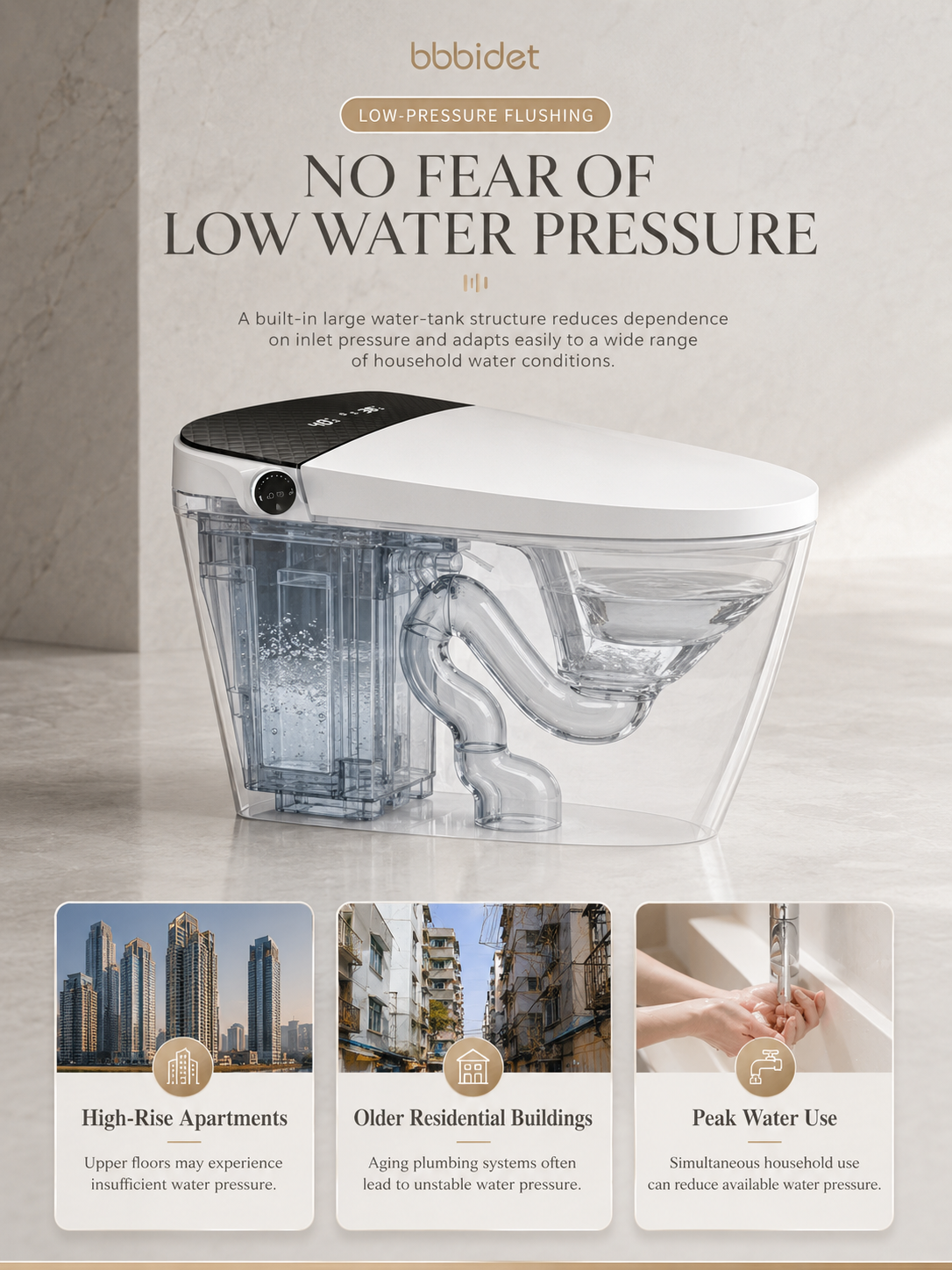 bbbidet K2 Pro smart enema bidet toilet with Japanese technology, featuring a built-in large water tank for powerful low water pressure flushing in high-rise apartments and older buildings.