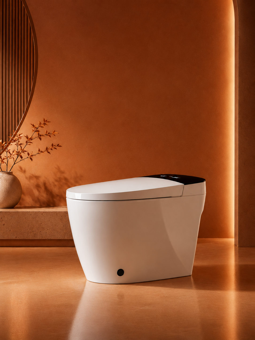 bbbidet K2 Pro smart enema bidet toilet with Japanese technology in a modern warm-toned bathroom, showing seamless one-piece design and foot sensor window