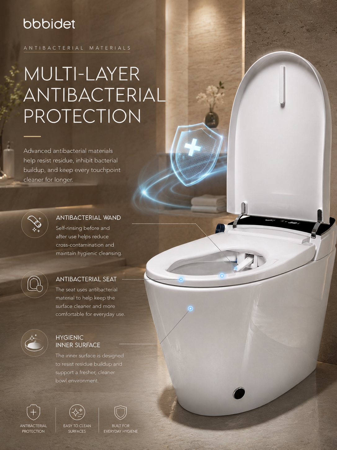 bbbidet K2 Pro smart enema bidet toilet with Japanese technology featuring multi-layer antibacterial protection with antibacterial wand, self-cleaning nozzle, and antibacterial seat