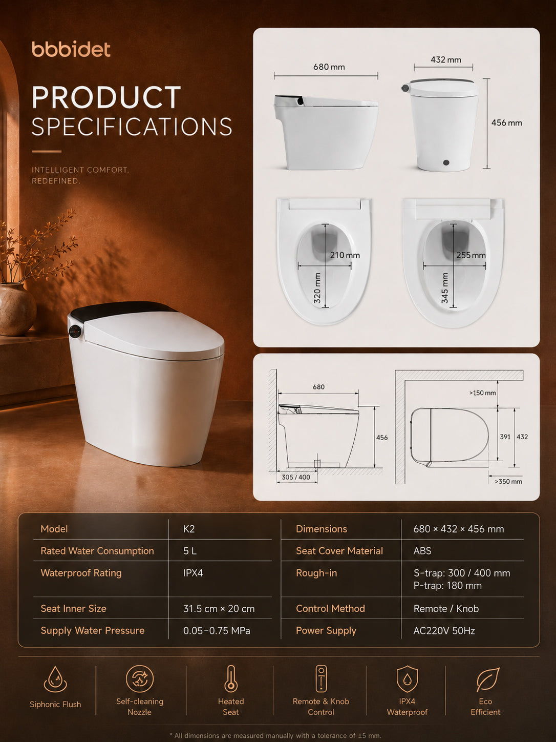 bbbidet K2 Pro smart enema bidet toilet with Japanese technology product specifications chart displaying dimensions, rough-in sizes for S-trap and P-trap, and technical parameters