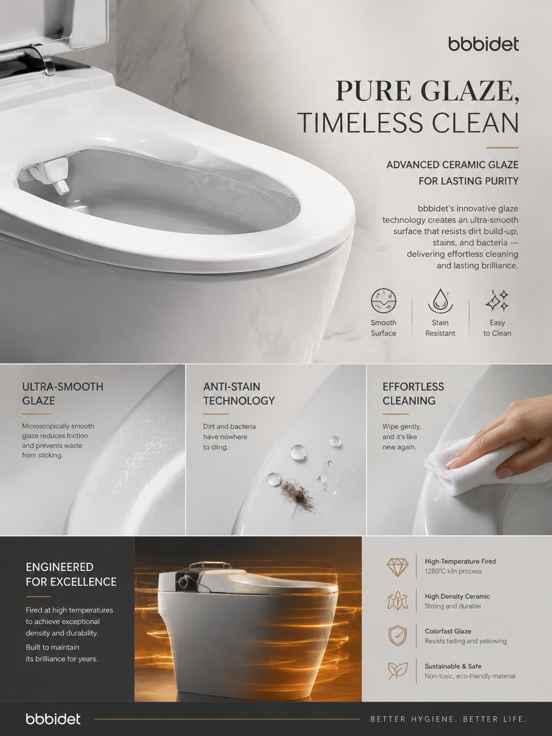 bbbidet K2 Pro smart enema bidet toilet with Japanese technology featuring pure glaze anti-stain ceramic surface for smooth, dirt-resistant, and effortless cleaning