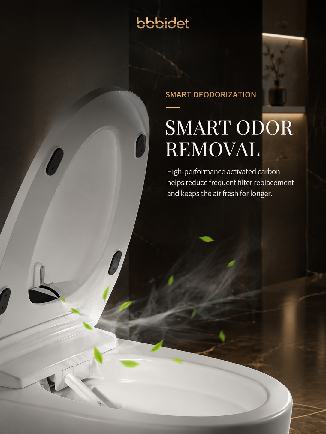 bbbidet K2 Pro smart enema bidet toilet with Japanese technology featuring high-performance activated carbon for smart odor removal and long-lasting fresh air