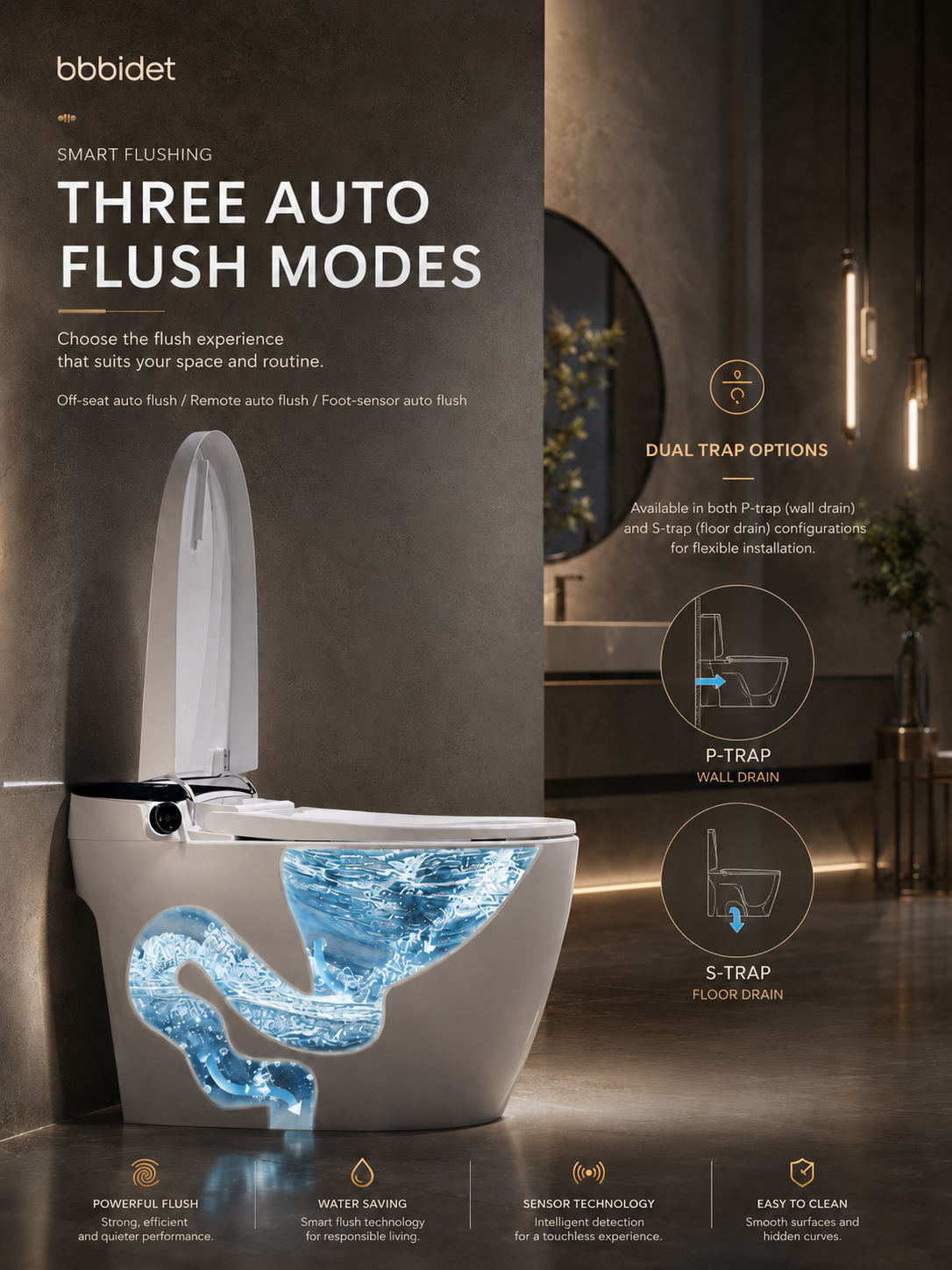 bbbidet K2 Pro smart enema bidet toilet with Japanese technology featuring 3 auto flush modes and dual trap options available in S-trap floor drain and P-trap wall drain