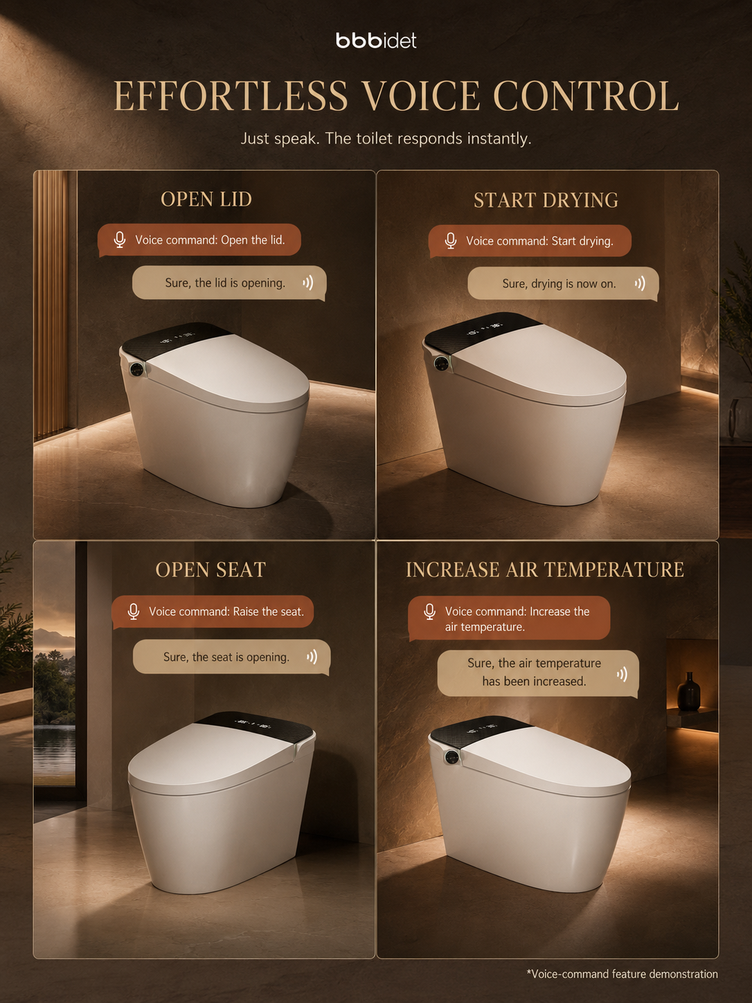 bbbidet K2 Pro smart enema bidet toilet with Japanese technology demonstrating voice commands for opening lid, raising seat, starting dryer, and adjusting air temperature.