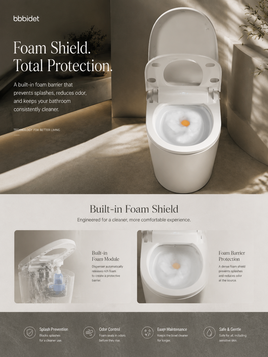 bbbidet K80 compact smart bidet toilet with built-in foam shield technology to prevent splashes, control odors, and keep the bowl clean