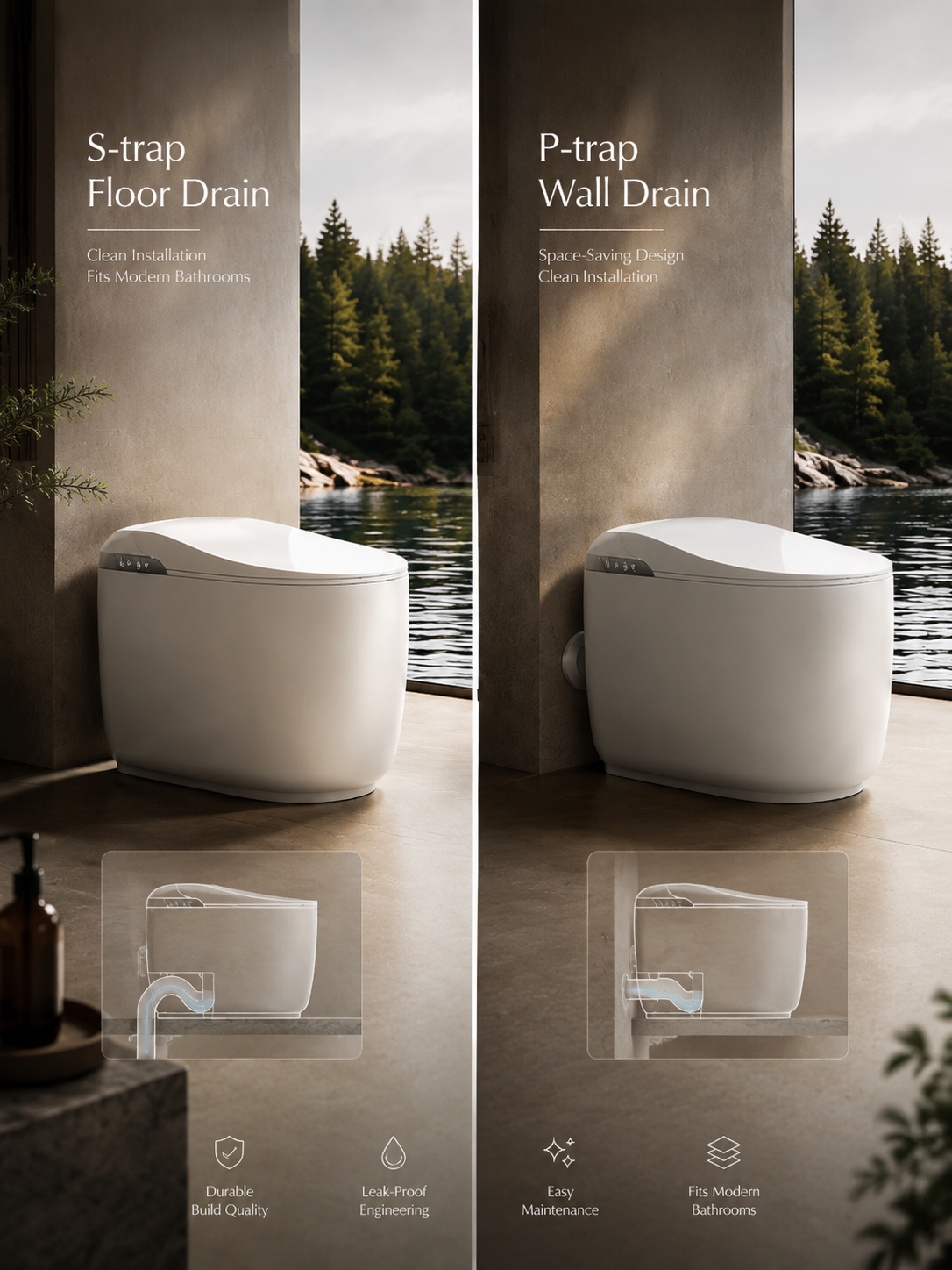 bbbidet K80 compact smart bidet toilet showing S-trap floor drain and P-trap wall drain options with built-in water tank for leak-proof and space-saving installation