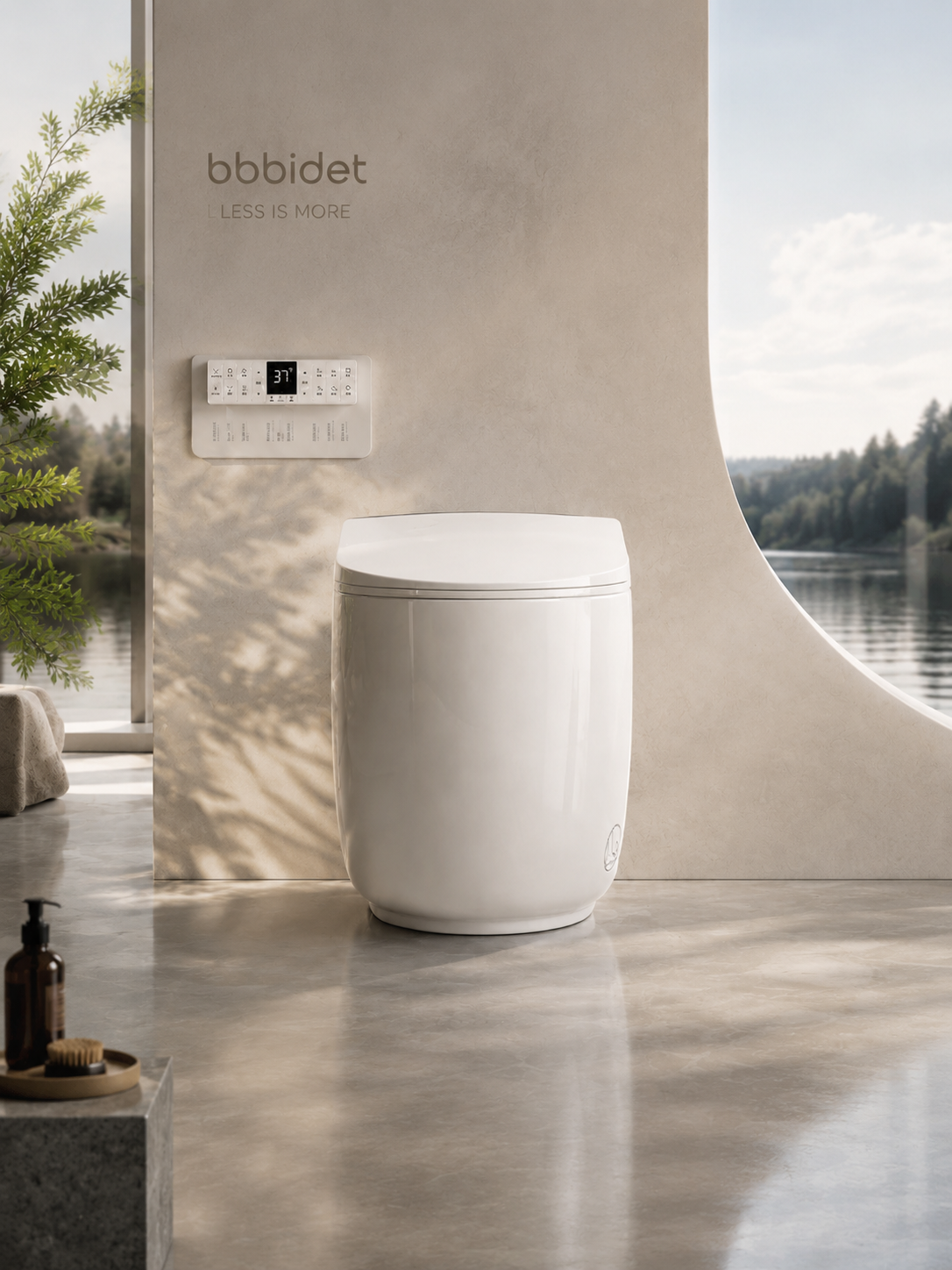 bbbidet K80 compact smart bidet toilet featuring built-in water tank, S-Trap and P-Trap compatibility, and wall-mounted control panel in a modern minimalist bathroom.