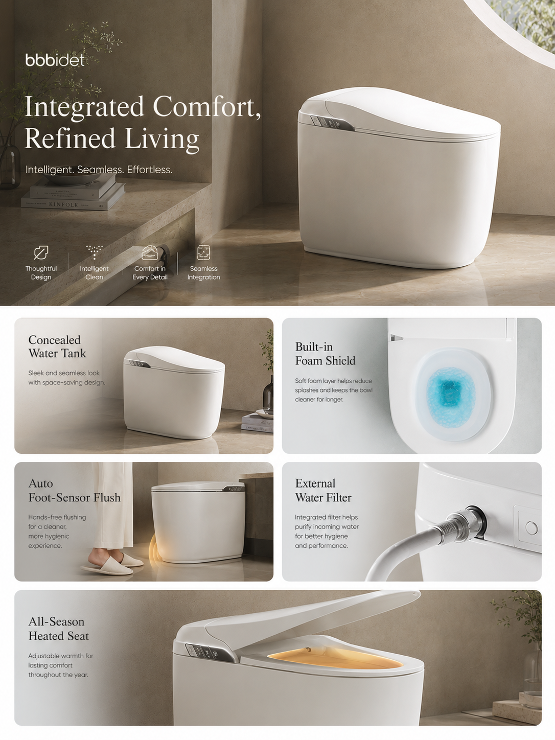 bbbidet K80 compact smart bidet toilet highlighting concealed water tank, built-in foam shield, auto foot-sensor flush, external water filter, and heated seat.
