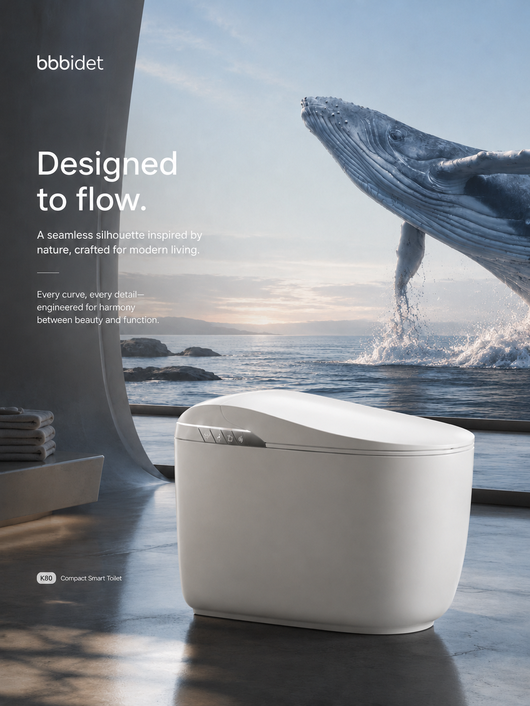 bbbidet K80 compact smart bidet toilet with a seamless silhouette and organic flow design inspired by nature for modern luxury bathrooms