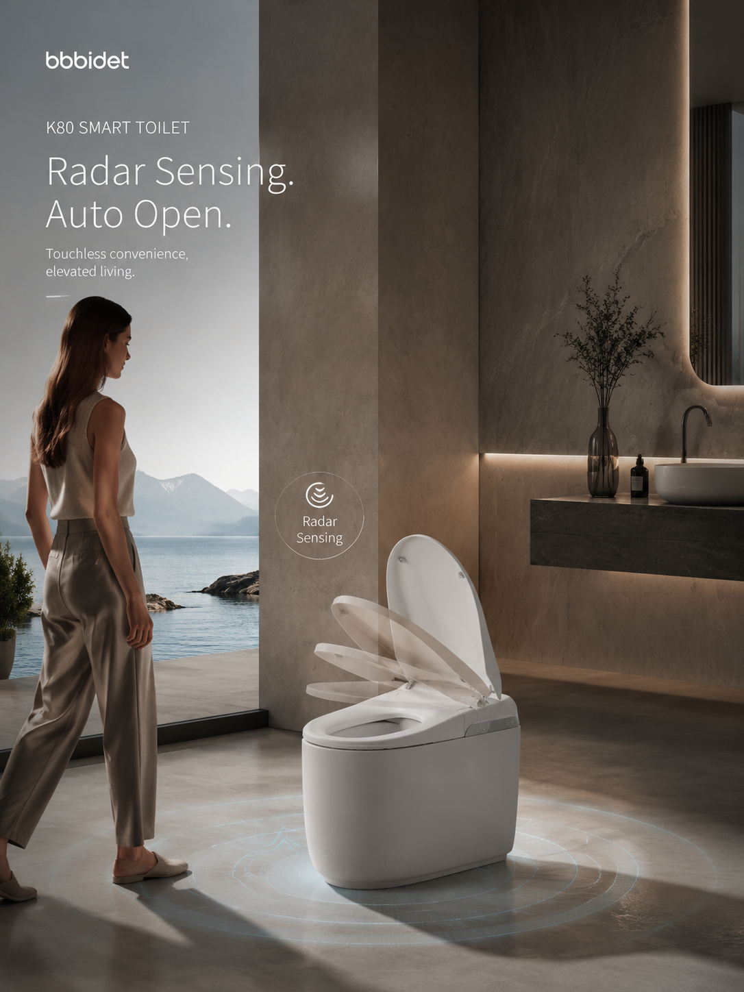 bbbidet K80 compact smart bidet toilet with radar sensing auto open lid technology, compatible with S-Trap and P-Trap for hands-free touchless convenience.
