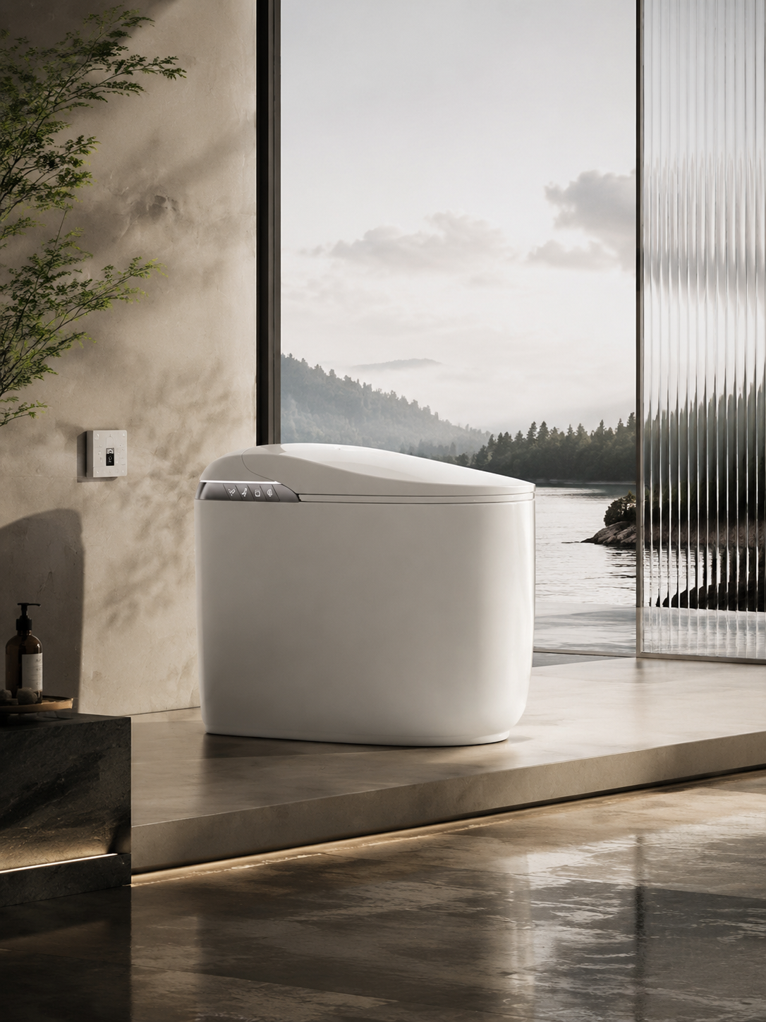 bbbidet K80 compact smart bidet toilet with S-Trap and P-Trap compatibility, installed in a modern luxury bathroom with wall-mounted remote control