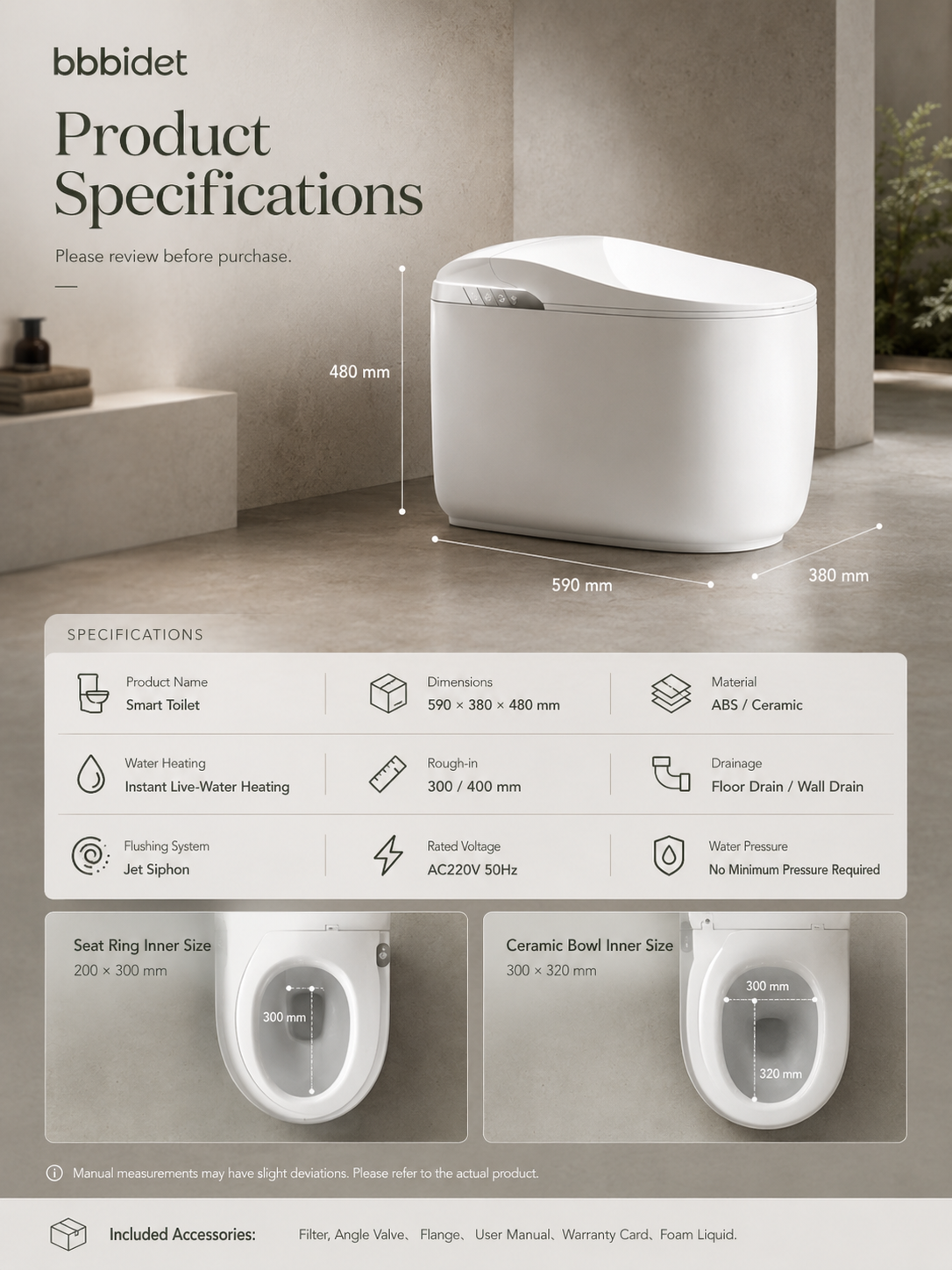 bbbidet K80 compact smart bidet toilet product specifications diagram showing dimensions (590x380x480mm), S-Trap floor drain and P-Trap wall drain options, 300/400mm rough-in, and jet siphon flushing