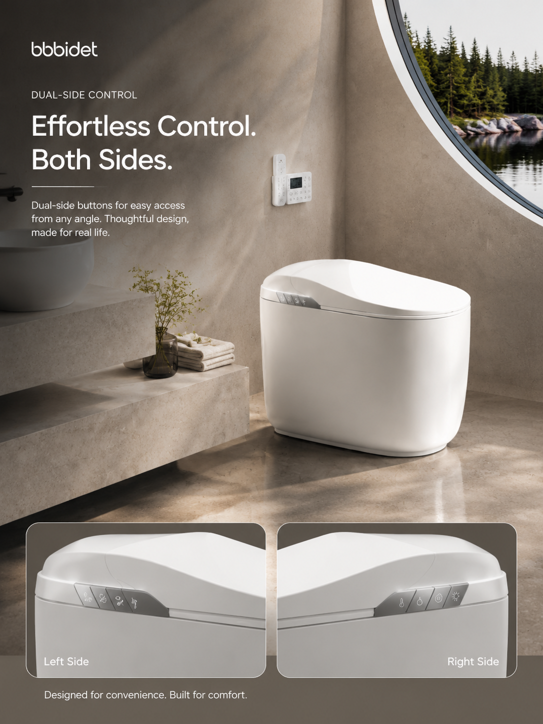 bbbidet K80 smart bidet toilet featuring dual-side control buttons on left and right sides for effortless access and convenience