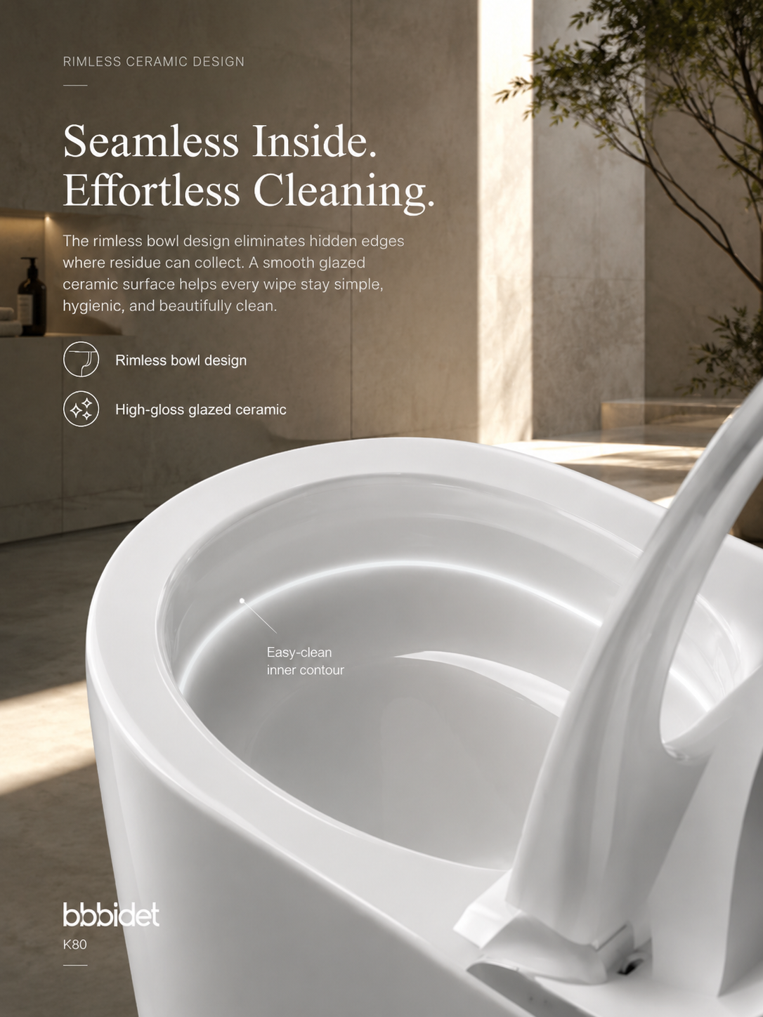 bbbidet K80 smart bidet toilet with rimless ceramic bowl design and high-gloss glazed surface for easy cleaning and hygienic maintenance