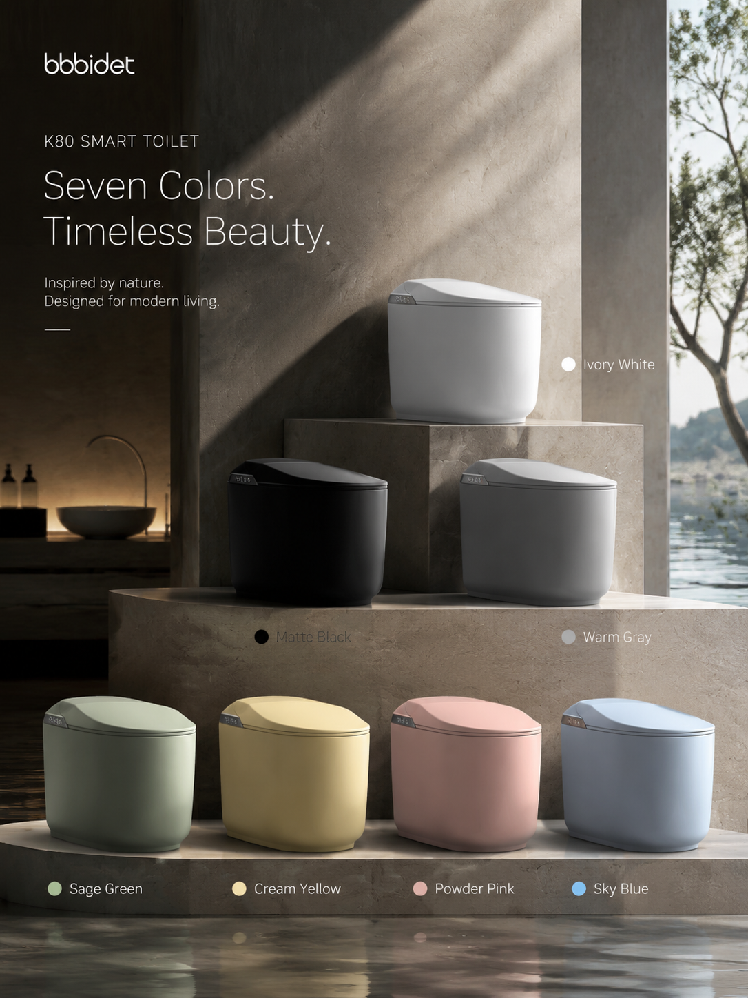 bbbidet K80 compact smart bidet toilet color collection showing 7 custom finishes designed for modern luxury bathroom aesthetics