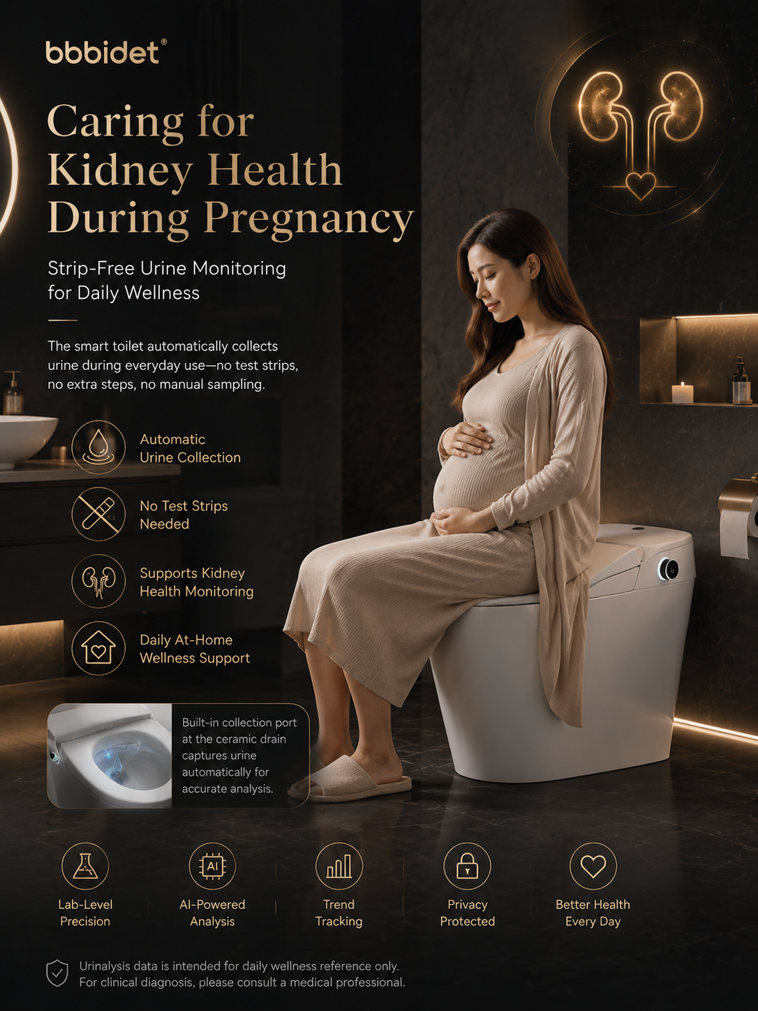 Bbbidet smart bidet toilet with warm water washing and heated seat for expecting mothers, featuring strip-free urine monitoring to track kidney health and urine protein during pregnancy.