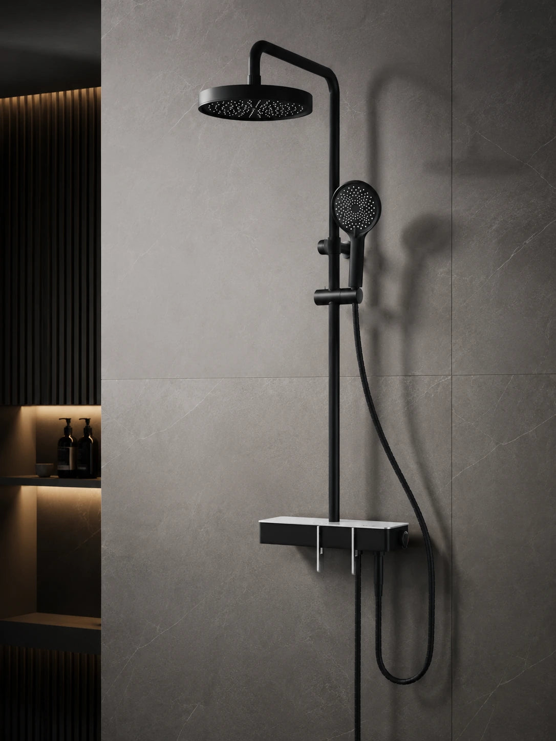 BBbidet S3 matte black rainfall shower set bathroom installation view
