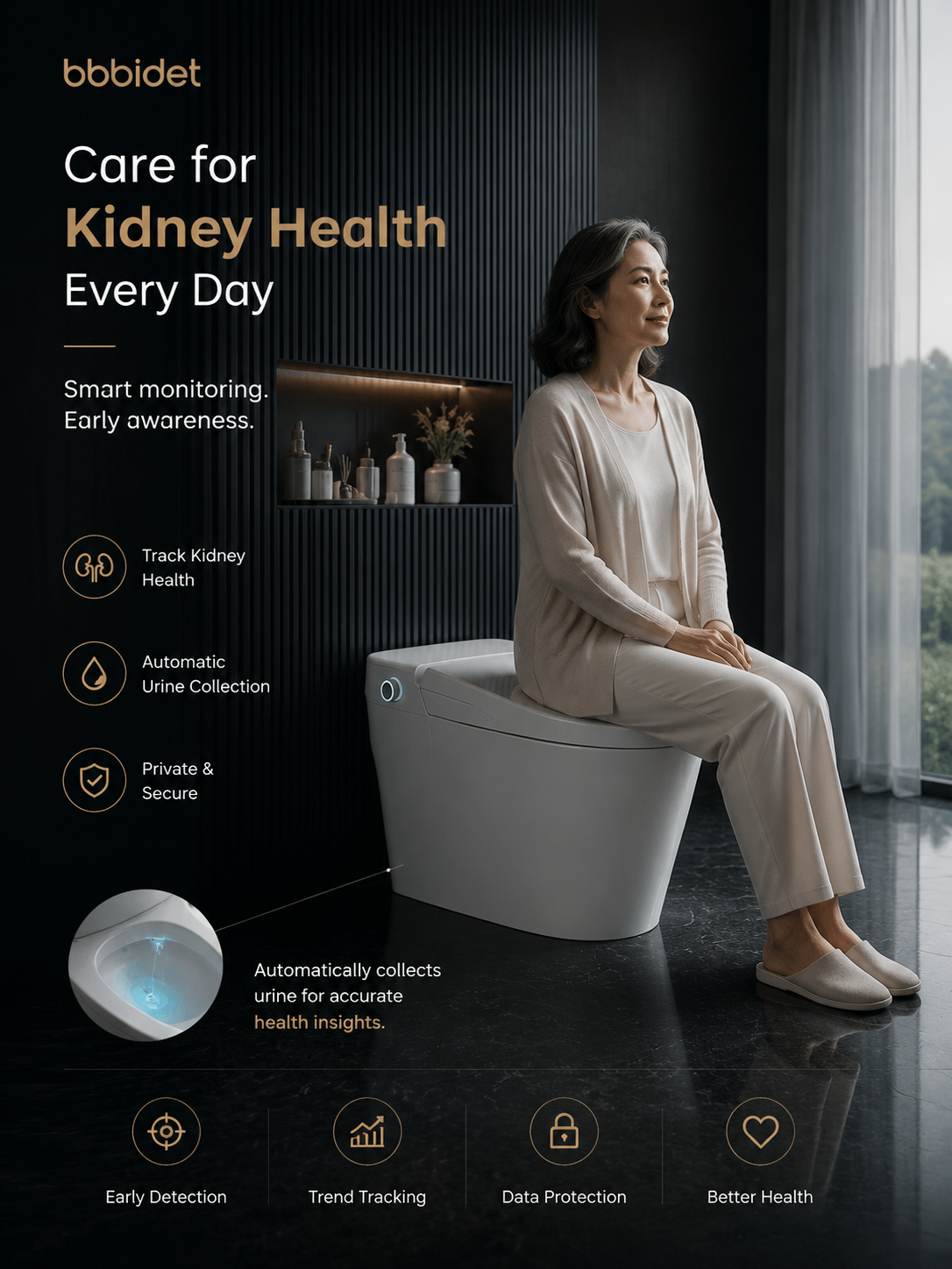 Bbbidet smart bidet toilet with heated seat and easy operation for seniors, featuring automatic strip-free urine monitoring for daily kidney health and uric acid tracking