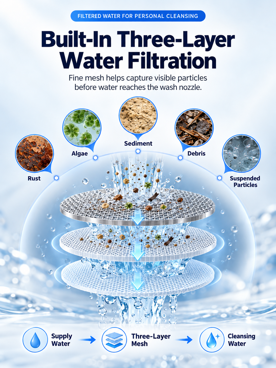 Illustration of BBBIDET's built-in three-layer mesh filter, designed to capture visible particles before water reaches the wash nozzle.