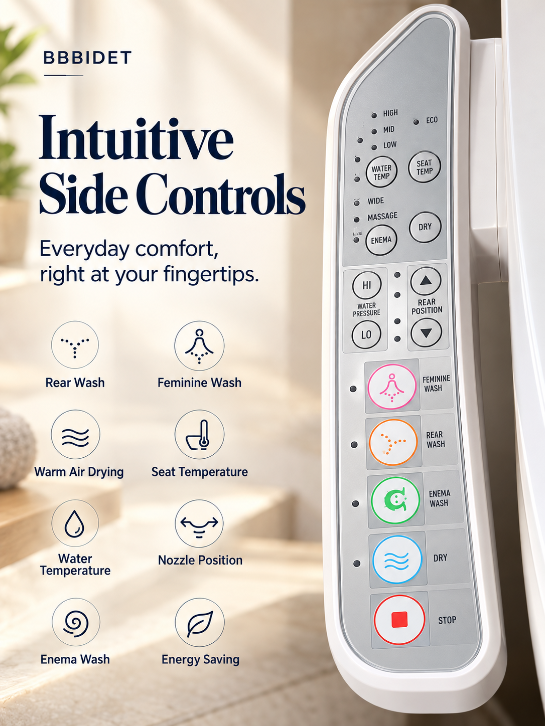 KB32 Smart Bidet Seat featuring Intuitive Side Controls for Water Temperature, Seat Heating, and Multi-Wash Modes
