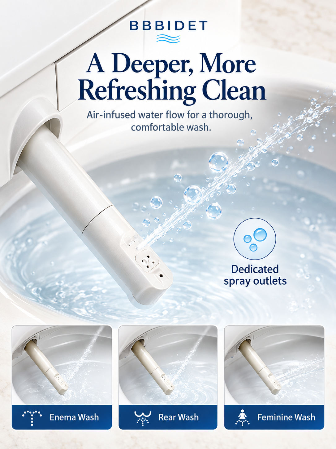 KB32 Smart Bidet Seat featuring Air-Infused Water Flow, Dedicated Outlets, and 3 Wash Modes (Enema, Rear, Feminine)
