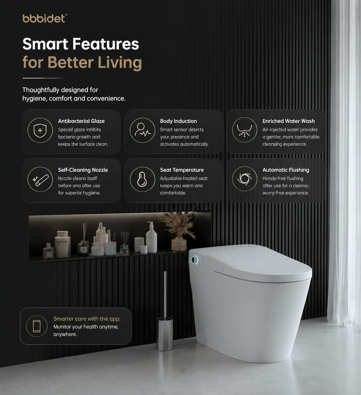 bbbidet smart bidet toilet features including antibacterial glaze, self-cleaning nozzle, body induction, heated seat, and automatic flushing.