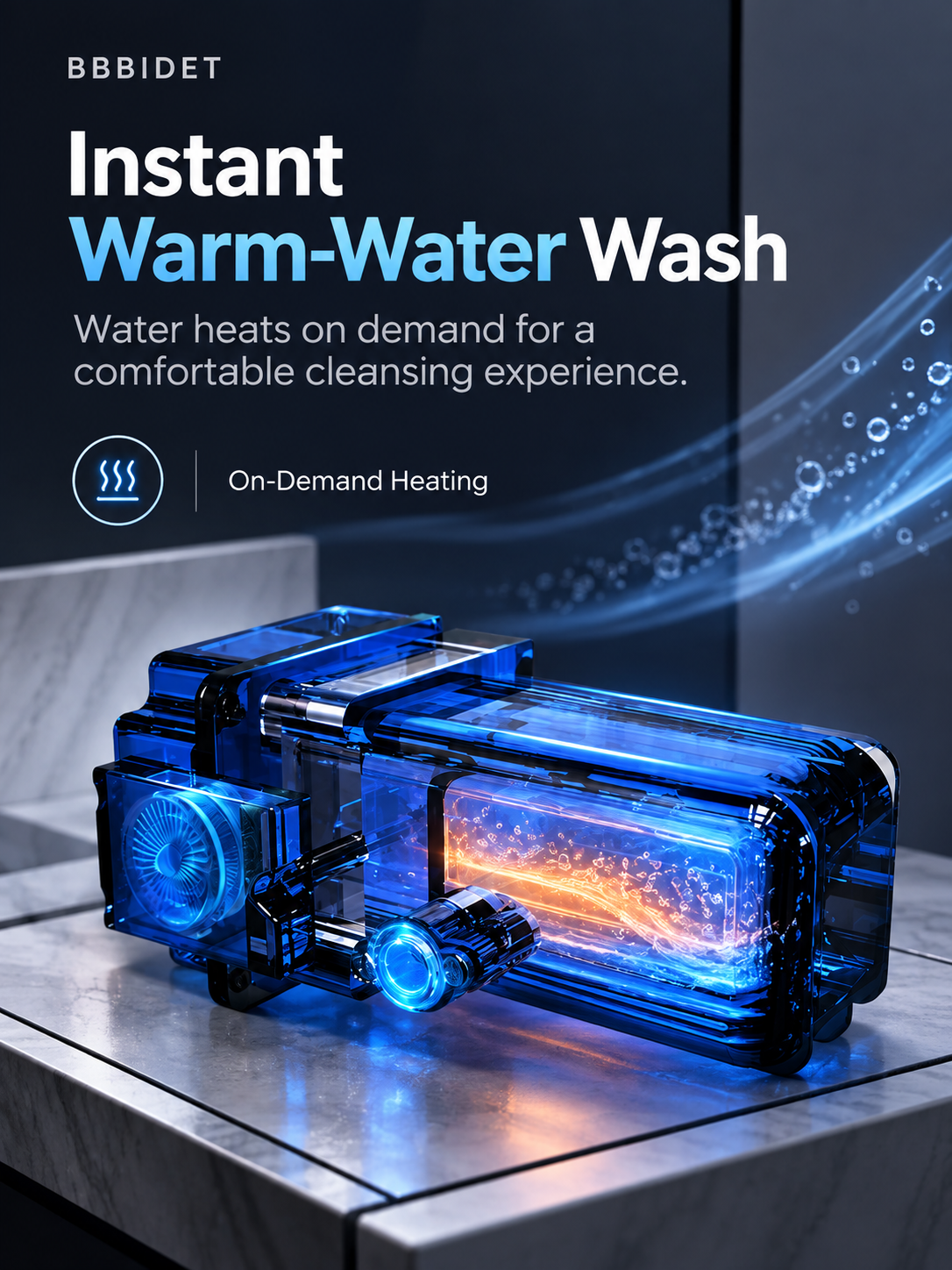 BBBIDET illustration of an on-demand water heating system for warm-water bidet washing.