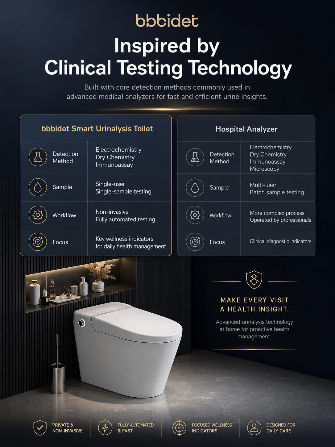 bbbidet clinical-grade smart bidet toilet with automated urinalysis using electrochemistry and dry chemistry technology compared to hospital analyzers
