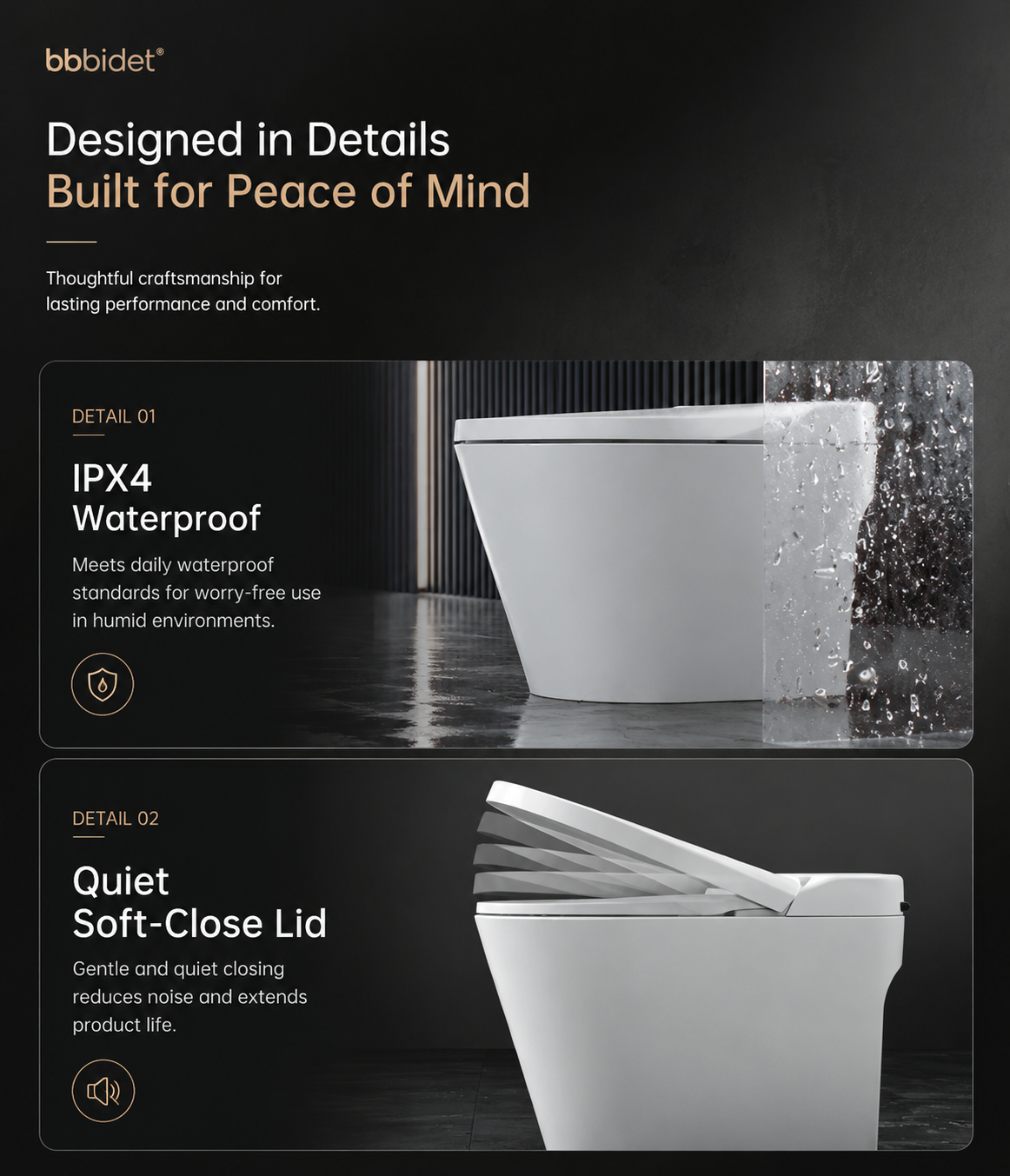 bbbidet smart bidet toilet with automatic urine testing and urinalysis, featuring IPX4 waterproof rating for humid environments and a quiet soft-close lid