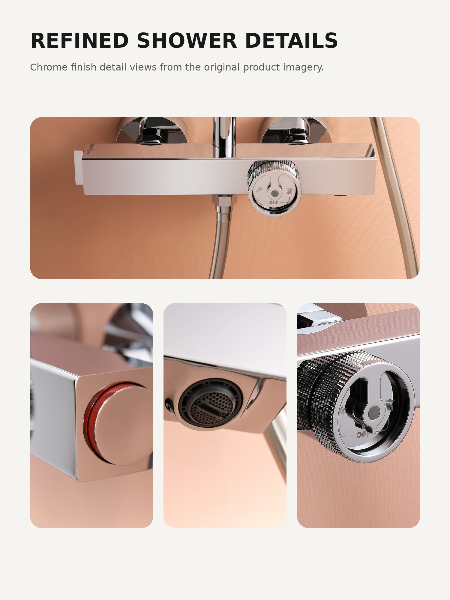 bbbidet T2 thermostatic shower chrome finish detail views