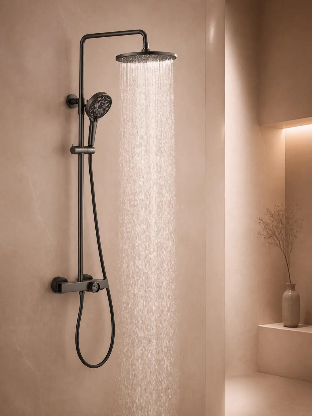 bbbidet T2 round rain shower in brushed gunmetal - main lifestyle