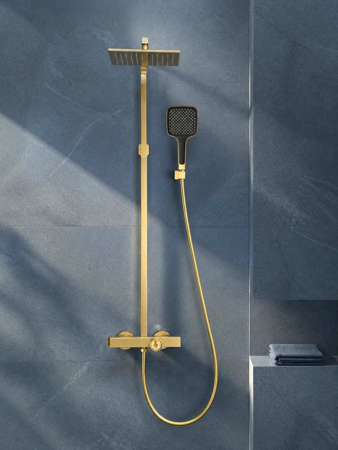 bbbidet T2 square rain shower in brushed gold - main lifestyle