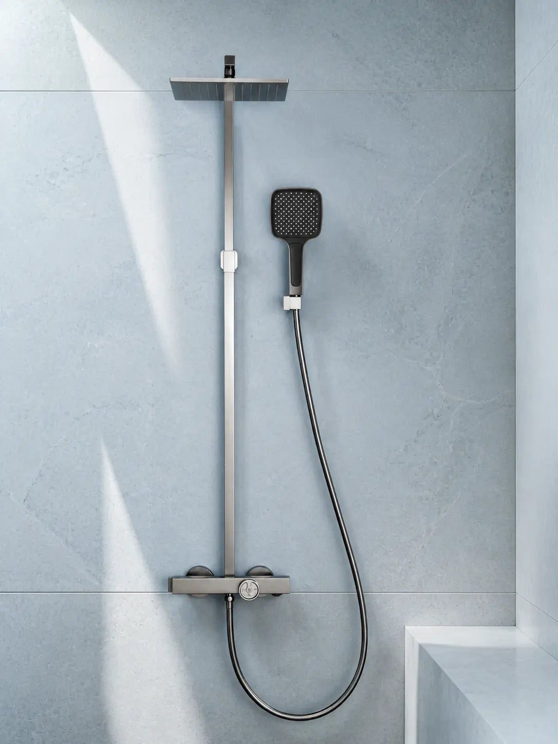 bbbidet T2 square rain shower in brushed gunmetal - main lifestyle