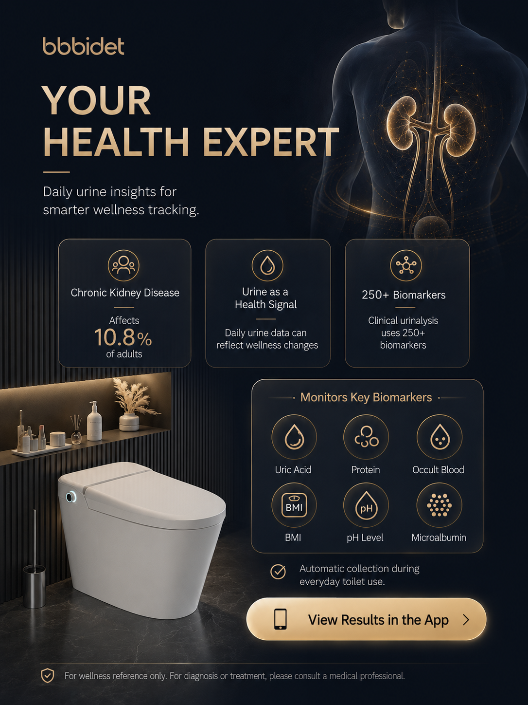Bbbidet urinalysis bidet smart toilet with automated urine collection to monitor kidney health, uric acid, protein, and microalbumin