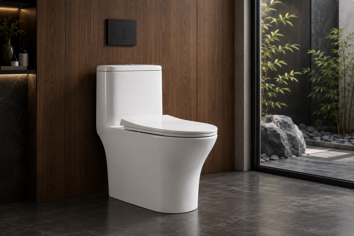 BBbidet V-shaped one-piece toilet in luxury wood and stone bathroom